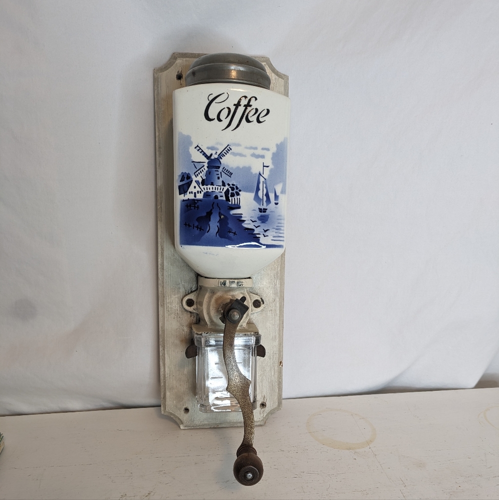 Vintage Delft Coffee Grinder Wall Mount Blue White Dutch